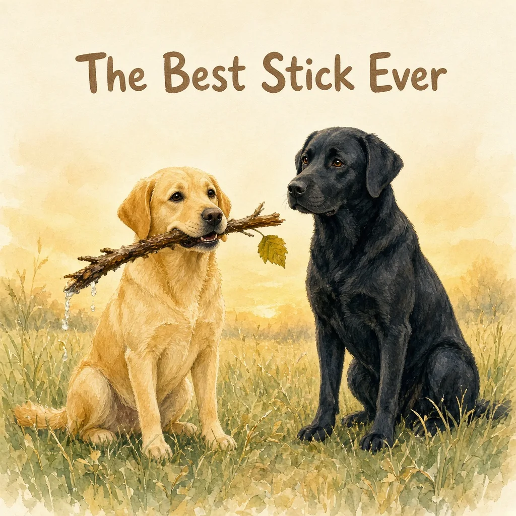 Concept art: a yellow Lab holding a stick beside a black Lab, under the title The Best Stick Ever