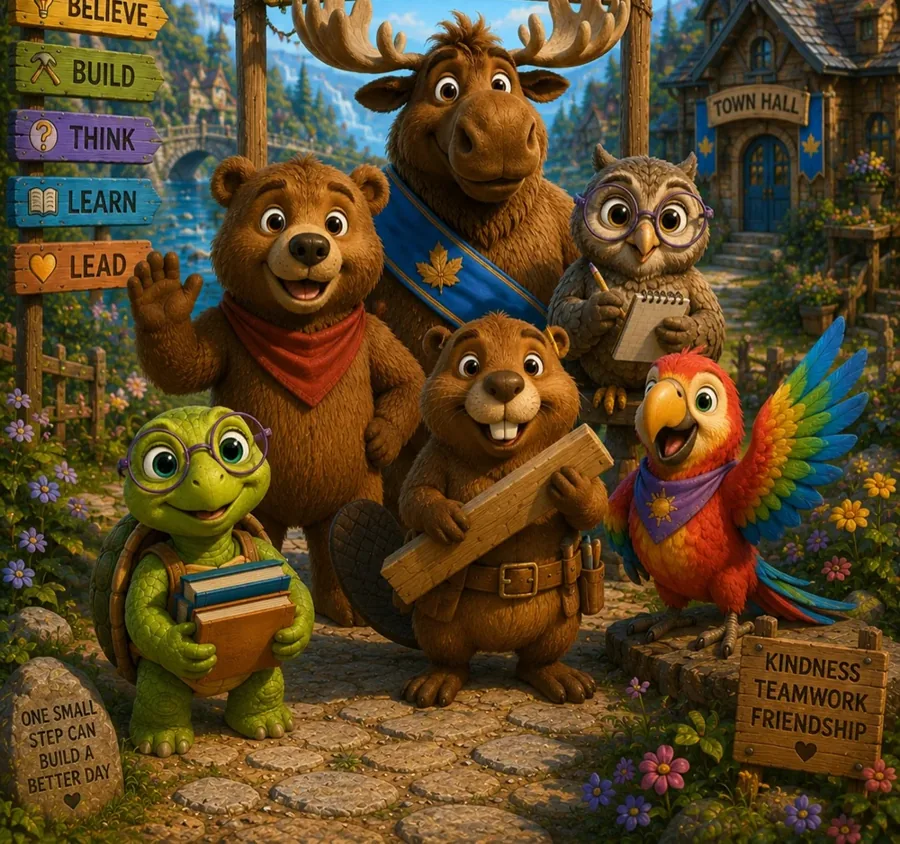 The Busy Island cast together under the Welcome to Busy Island sign