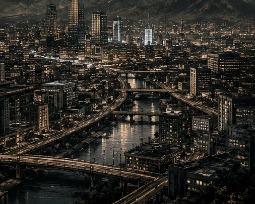 Meridian at night, a desert city of towers, bridges and canals