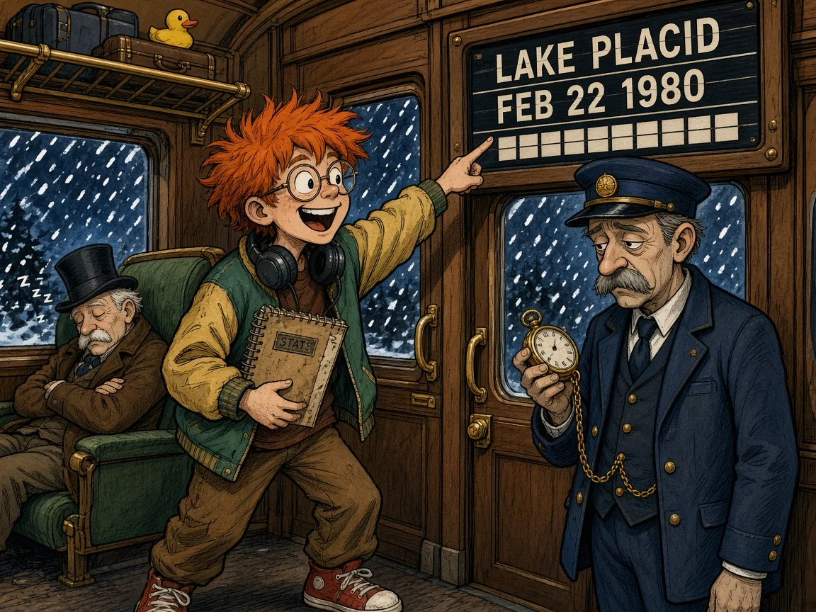 Concept art: the kid points at the train board reading Lake Placid, Feb 22 1980, while the Conductor checks his pocket watch